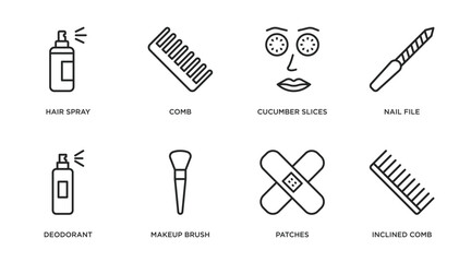 Poster - beauty outline icons set. thin line icons such as hair spray, comb, cucumber slices on face, nail file, deodorant, makeup brush, patches, inclined comb vector.