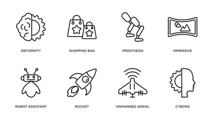 Poster - artificial intellegence outline icons set. thin line icons such as deformity, shopping bag, prosthesis, immersive, robot assistant, rocket, unmanned aerial vehicle, cyborg vector.