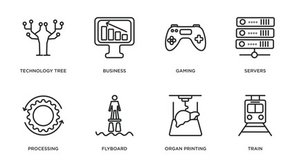 Poster - artificial intellegence outline icons set. thin line icons such as technology tree, business, gaming, servers, processing, flyboard, organ printing, train vector.