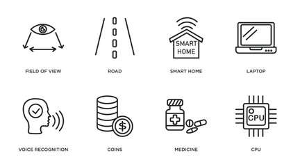 Poster - artificial intellegence outline icons set. thin line icons such as field of view, road, smart home, laptop, voice recognition, coins, medicine, cpu vector.