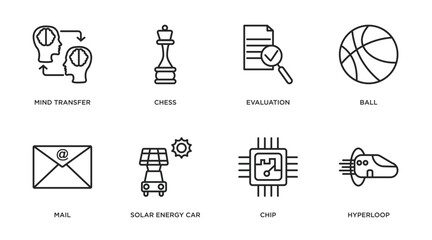 Poster - artificial intellegence outline icons set. thin line icons such as mind transfer, chess, evaluation, ball, mail, solar energy car, chip, hyperloop vector.