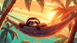 A contented sloth hanging from a palm tree, peacefully snoozing in a hammock under the warm sun - Generative ai