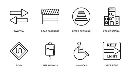 Poster - alert outline icons set. thin line icons such as two way, road blockade, zebra crossing, police stat