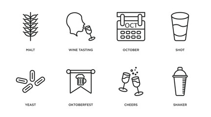 Poster - alcohol outline icons set. thin line icons such as malt, wine tasting, october, shot, yeast, oktoberfest, cheers, shaker vector.