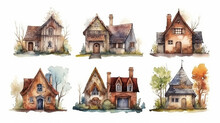 Collection Of A Set Of Small European Rustic Fairy-tale Houses Painted In Watercolor. Generative AI