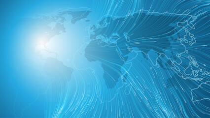 Poster - Futuristic Bright Global Technology, Science and Networking Design Concept with World Map and Wavy Flow of Energy Lines - Background, Vector Template