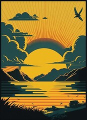 retro poster of a seascape with waves, seagulls and clouds. sunrise and sunset. printing house. back