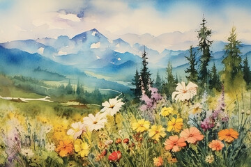 Watercolor landscape, mountains with flowers in the foreground.