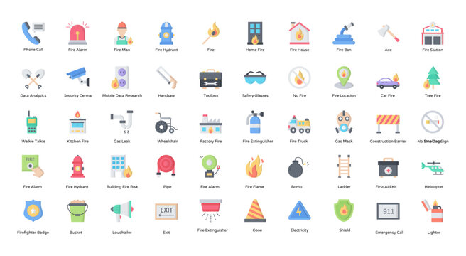 fire department flat icons firefighter icon set in color style 50 vector icons