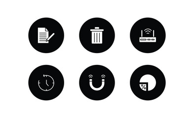 Poster - user interface filled icons set. user interface filled icons pack included written paper, delete button, internet modem, anti clockwise, magnet, percentage chart vector.