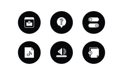Poster - user interface filled icons set. user interface filled icons pack included remove right frame, answer, on off power button, music file, amplified speaker, add new document vector.