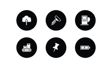 Poster - tools and utensils filled icons set. tools and utensils filled icons pack included up arrow and cloud, auger, fuel oil bomb service, packing hine, tack save button, charged battery vector.