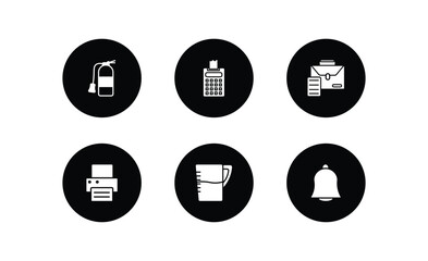 Poster - tools and utensils filled icons set. tools and utensils filled icons pack included flame extinguisher, printing calculator, briefcase and document, print button, pitcher with levels, hanging bell