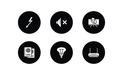 Poster - technology filled icons set. technology filled icons pack included lightning arrow, no audio, tv and satellite, international passport, bulb, wireless transmitter vector.