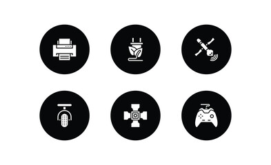 Poster - technology filled icons set. technology filled icons pack included printing, ecologic electricity, satellite transmission, microphone interface, cinema light with cable, big joystick vector.