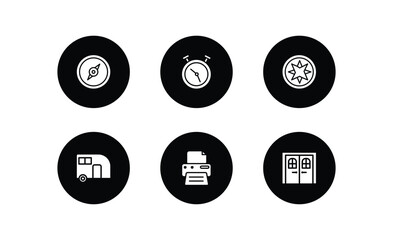Poster - tools and utensils filled icons set. tools and utensils filled icons pack included cardinal, timer round clock, cardinal points, house on wheels, blank paper and printer, doors vector.