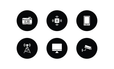 Poster - technology filled icons set. technology filled icons pack included vintage digital camera, naensor, tablet with picture, cell tower, simple screen, surveillance camera vector.
