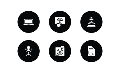 Poster - technology filled icons set. technology filled icons pack included laptop frontal monitor, touchscreen, teletransportation, old mic, retro squared camera, big floppy disk vector.