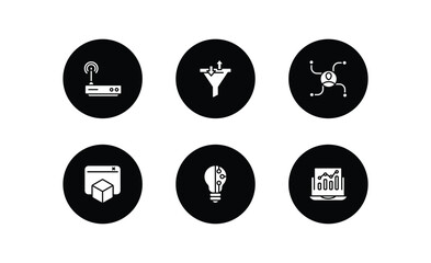 Wall Mural - technology filled icons set. technology filled icons pack included routers, sales funnel, affiliate marketing, virtual box, light bulb idea, analysis process vector.
