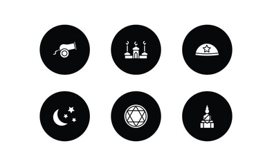 Poster - religion filled icons set. religion filled icons pack included eyd gun, mosque and minaret, yarmulke, star and crescent moon, blasphemy, great buddha vector.