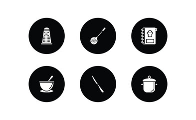 Poster - kitchen filled icons set. kitchen filled icons pack included grater, skimmer, recipe, soup bowl, steak knife, stew pot vector.