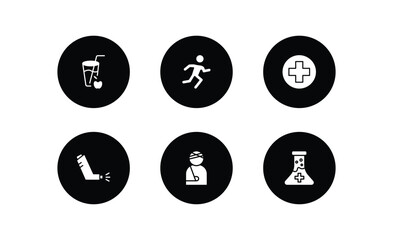 Poster - health and medical filled icons set. health and medical filled icons pack included juice, running, medical, inhalator, injury, substance vector.