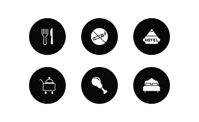 Poster - hotel and restaurant filled icons set. hotel and restaurant filled icons pack included cutlery, no smoking, hotel, room service, fried chicken, beds vector.