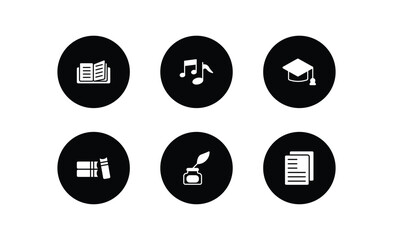 Poster - education filled icons set. education filled icons pack included reading an open book, song, graduation, three books, ink, folded written paper vector.