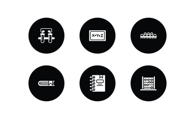 Poster - education filled icons set. education filled icons pack included communicating vessels, equation, grandstand, hardbound book, notebook with bookmark, abcus vector.