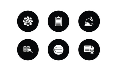 Poster - education filled icons set. education filled icons pack included photon, written clipboard, biology microscope, book and magnifier, is an element of, diploma with seal vector.