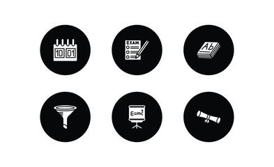 Poster - education filled icons set. education filled icons pack included school calendar, exams, 3d dictionary, chemistry funnel, relativity formulae, diploma roll vector.