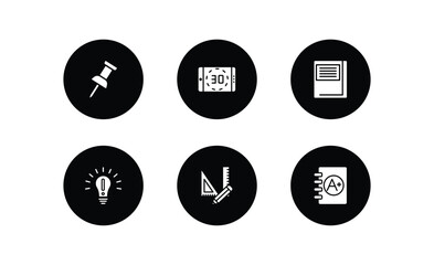Poster - education filled icons set. education filled icons pack included pushpin, digital display 30, hard cover book, having an idea, measuring tools, clipboard with a+ vector.