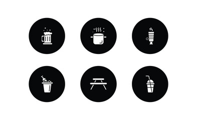 Wall Mural - drinks filled icons set. drinks filled icons pack included beer mug, boiling, latte, ice bucket and bottle, picnic table, smoothie vector.