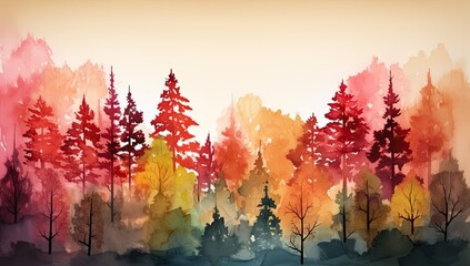 Fall landscape with orange misty forest trees. Generative AI