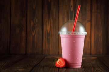 Canvas Print - strawberry milkshake in disposable plastic glass with straw on table