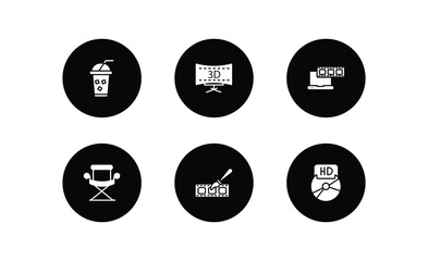 Wall Mural - cinema filled icons set. cinema filled icons pack included take away drink, 3 dimension screen, laptop with film strip, director film chair, animation, hd dvd vector.