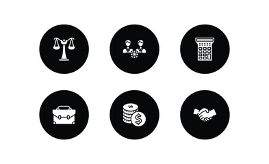Poster - business filled icons set. business filled icons pack included scale in balance, partners in business, calculator maths tool, briefcase tings, one dollar coins, shaking hands vector.