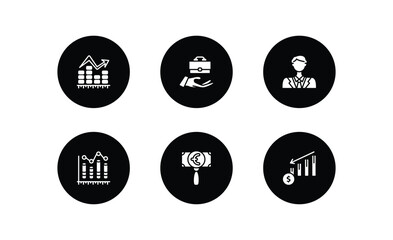 Poster - business filled icons set. business filled icons pack included ascendant graph, value pointer, man with solutions, column chart, euro under magnifier, profit chart vector.