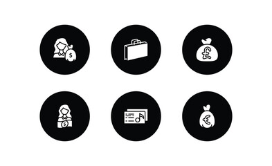 Poster - business filled icons set. business filled icons pack included woman with dollar bill, two shopping bags, pounds money bag, woman with money, music business card, euro money bag vector.