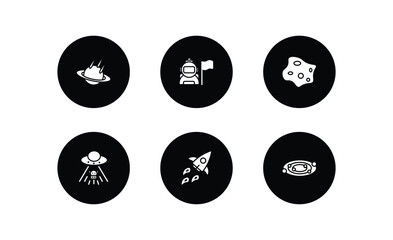 Poster - astronomy filled icons set. astronomy filled icons pack included space collision, astronaut and flag, asteroid, ufo and cow, rocket flying, galaxy view vector.