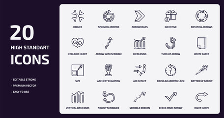 Poster - user interface collection. outline icons set. user interface collection. thin line icons pack such as reduce, incentive, arrow with scribble, size, swirly scribbled arrow, scribble broken line,