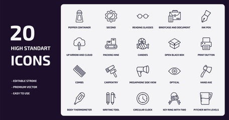 Poster - tools and utensils outline icons set. tools and utensils thin line icons pack such as pepper container, briefcase and document, packing hine, combs, writing tool, circular clock, key ring with two
