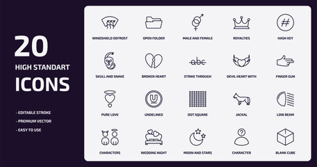 Poster - shapes outline icons set. shapes thin line icons pack such as windshield defrost, royalties, broken heart, pure love, wedding night, moon and stars, character, blank cube vector.