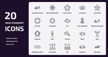 Poster - nautical outline icons set. nautical thin line icons pack such as speed boat facing right, captain hat, sun shining, aqualung, sea package, vest, sailor hat, speed boat vector.