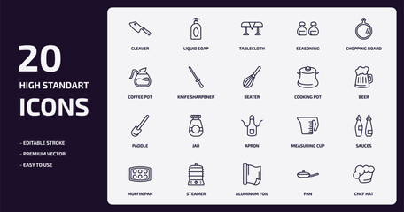 Wall Mural - kitchen outline icons set. kitchen thin line icons pack such as cleaver, seasoning, knife sharpener, paddle, steamer, aluminum foil, pan, chef hat vector.