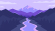 River flows through dark violet hills on mountains silhouettes background. Evening landscape horizontal illustration.