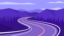 Long Winding Road Leading Off Into The Mountains. Horizontal Purple Illustration Of Asphalt Roadway In The Evening Mountain Background.