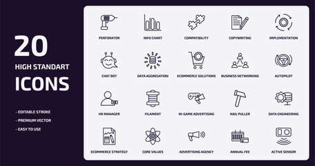 Poster - general outline icons set. general thin line icons pack such as perforator, copywriting, data aggregation, hr manager, core values, advertising agency, annual fee, active sensor vector.