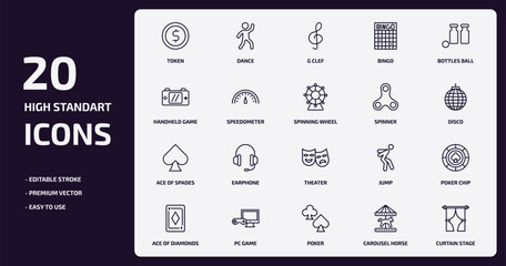 Poster - arcade outline icons set. arcade thin line icons pack such as token, bingo, speedometer, ace of spades, pc game, poker, carousel horse, curtain stage vector.