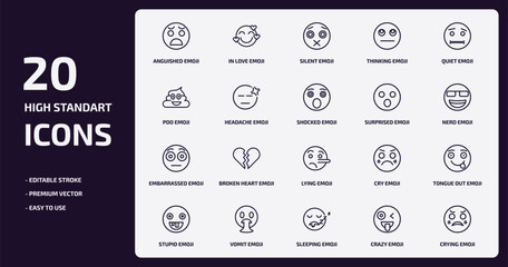 Poster - emoji outline icons set. emoji thin line icons pack such as anguished emoji, thinking headache embarrassed vomit sleeping crazy crying vector.